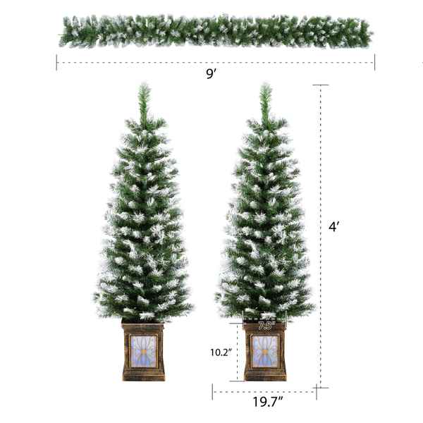 Two artificial Christmas trees with measurements on a white background