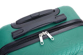 Close-up of a green hard-shell suitcase with a black telescoping handle and black zipper track, featuring silver zipper pulls on a white background.