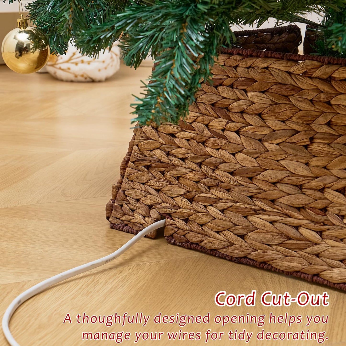 Cord cut-out feature on Hyacinth Wicker Christmas Tree Skirt for clean wire management, blending function with natural holiday decor.