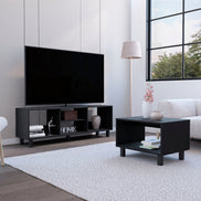 Carter Black Living Room Set with TV Stand and Coffee Table in modern space. Black TV stand with open shelves and matching coffee table.