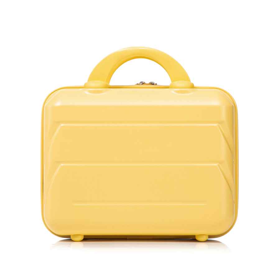 Yellow ABS spinner luggage set with a durable, glossy finish, featuring a sturdy handle and compact design for travel convenience