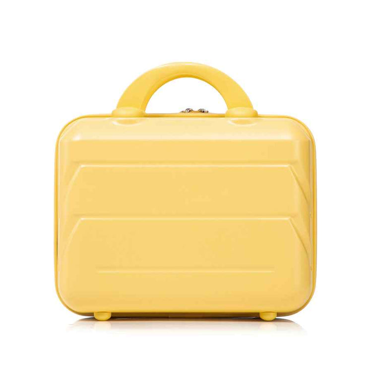 Yellow ABS spinner luggage set with a durable, glossy finish, featuring a sturdy handle and compact design for travel convenience