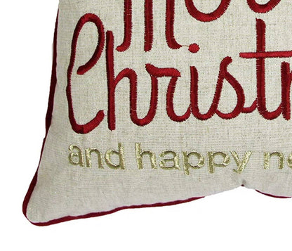 Merry Christmas and Happy New Year Throw Pillow – 20x20 Linen Look with Gold Accents and Insert