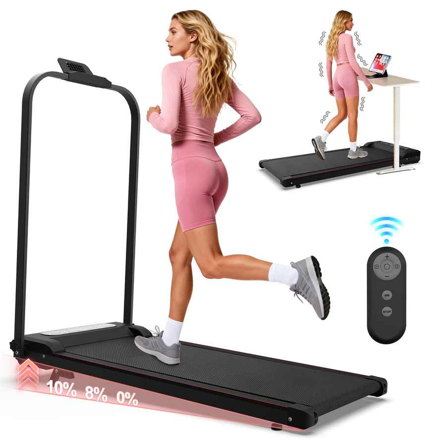 Woman in green workout clothes jogging on a foldable treadmill with digital controls and adjustable speed