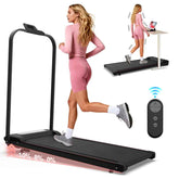 Woman in green workout clothes jogging on a foldable treadmill with digital controls and adjustable speed
