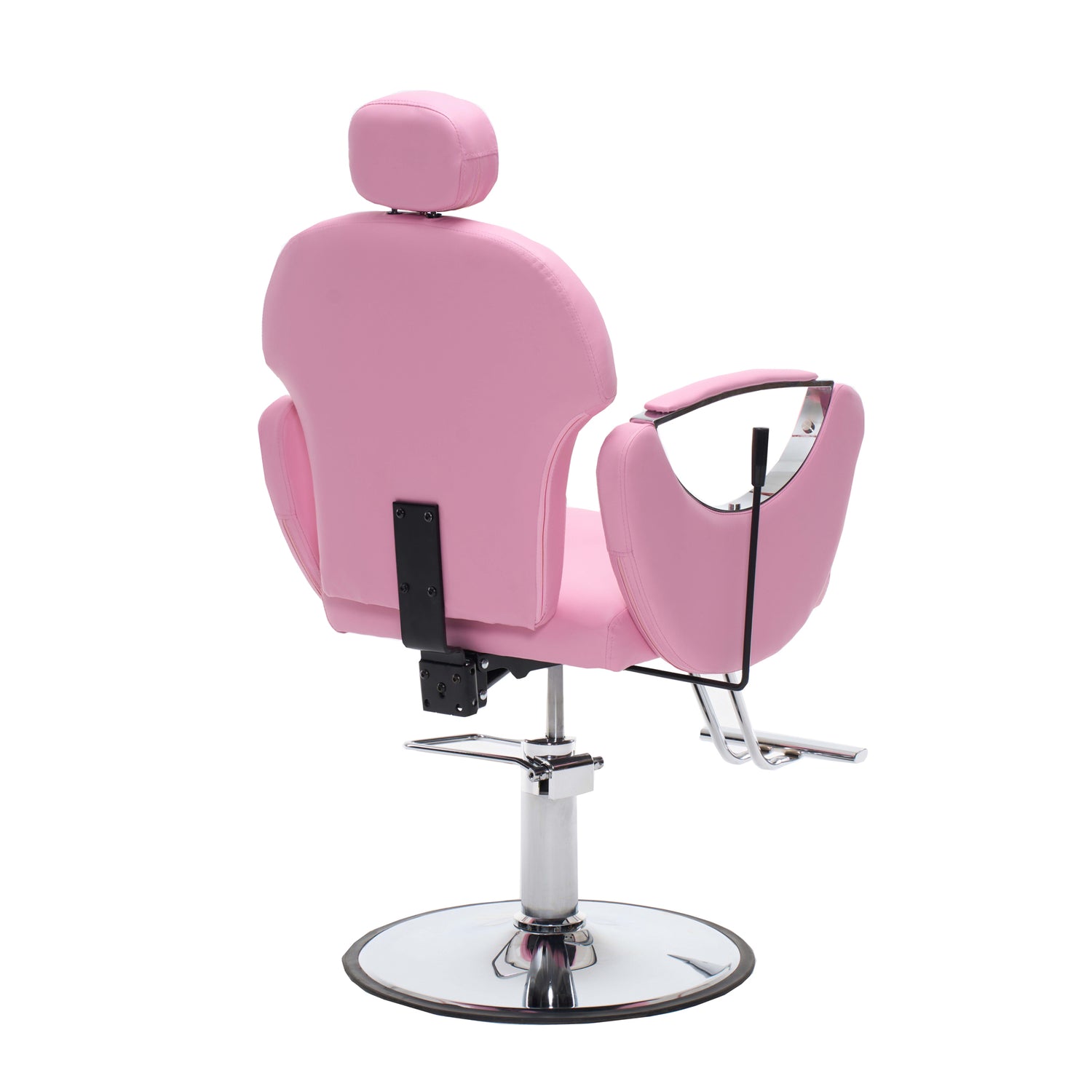 A pink salon barber chair with a matching headrest, chrome hydraulic base, and side armrests, shown on a plain white background.