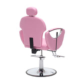 A pink salon barber chair with a matching headrest, chrome hydraulic base, and side armrests, shown on a plain white background.