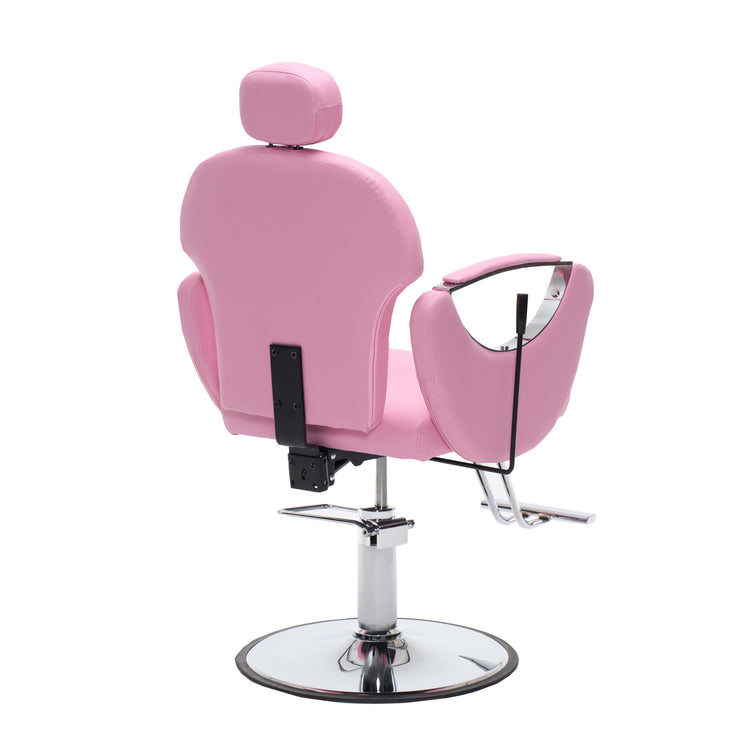 A pink salon barber chair with a matching headrest, chrome hydraulic base, and side armrests, shown on a plain white background.