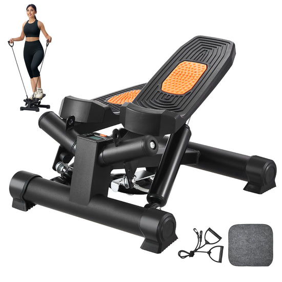 Black and orange exercise machine with resistance bands on a white background