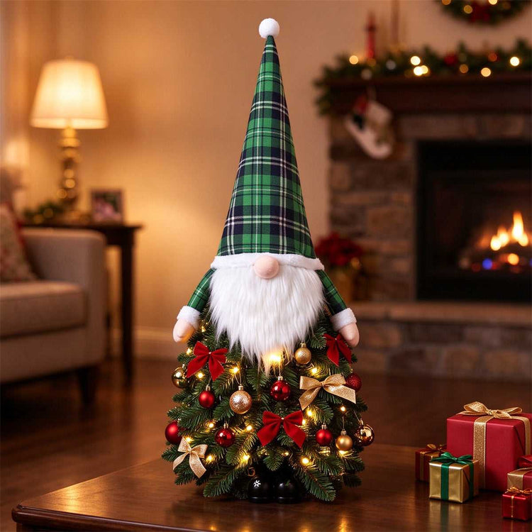 Christmas tree gnome decorated with red bows and ornaments by a fireplace