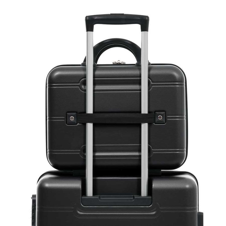 Two black suitcases stacked on top of each other with a white background