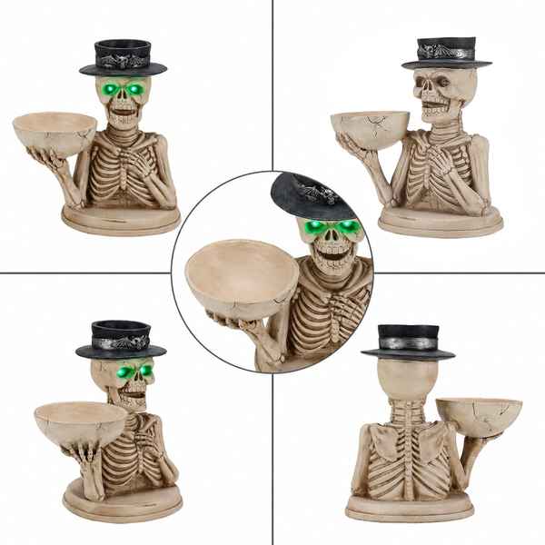 Four views of a decorative skeleton candle holder on a white background, with a circular inset showing a close-up of the glowing green eyes and black top hat. The skeleton holds a beige bowl and is dressed in a black top hat with a silver band.