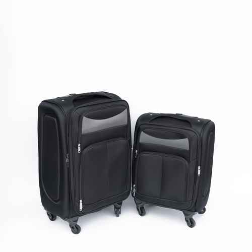 Two black suitcases on wheels against a white background