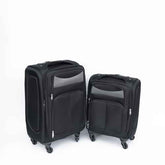 Two black suitcases on wheels against a white background