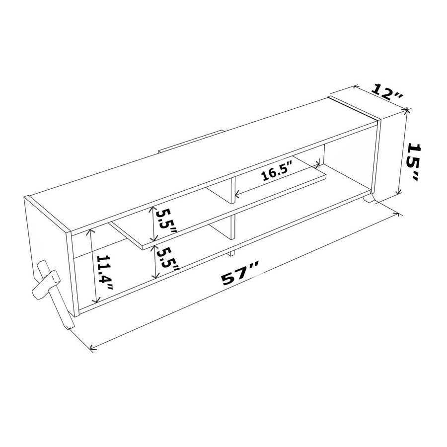 Mid Century Modern TV Stand - 57 Inch & Open Storage Unit with labeled dimensions: 57 in wide, 15 in high, and 12 in deep.