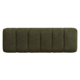 An olive green upholstered bench with a segmented, vertically channel-tufted backrest, shown against a plain white background.