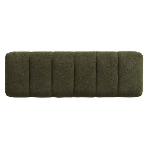 An olive green upholstered bench with a segmented, vertically channel-tufted backrest, shown against a plain white background.