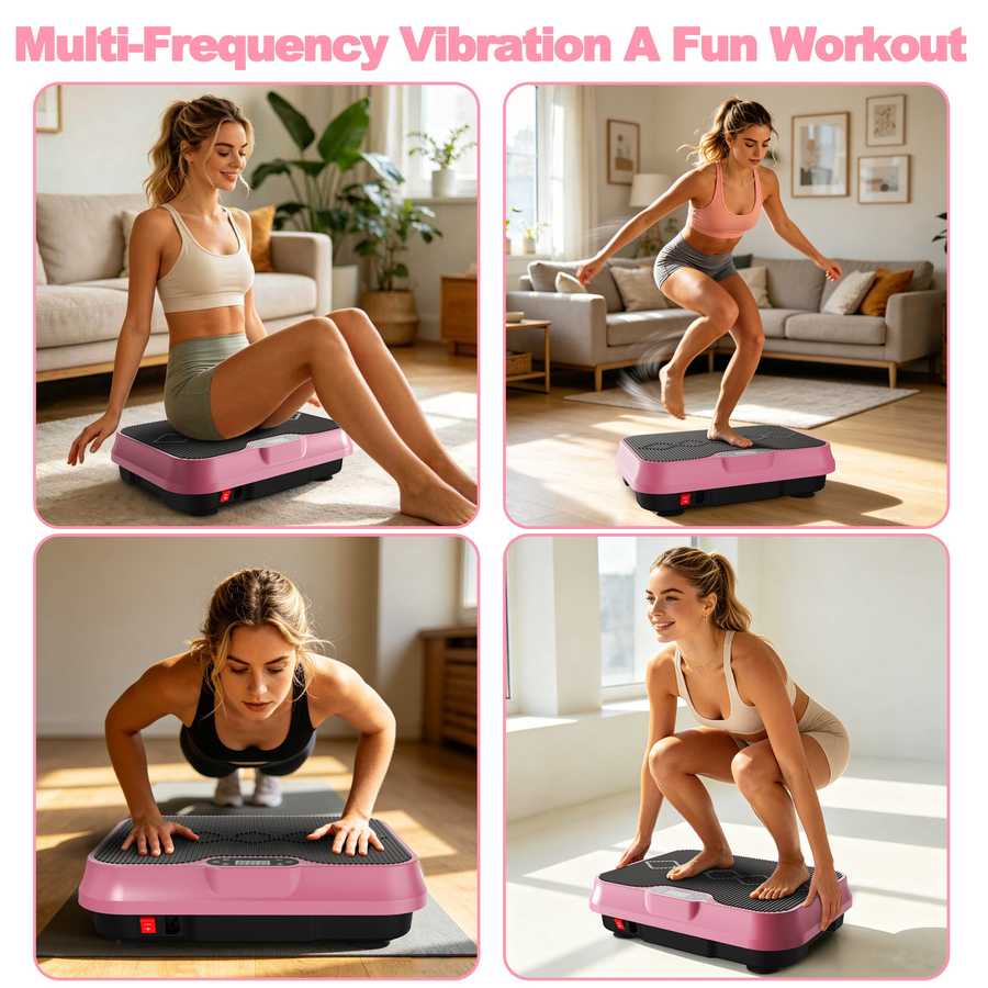Woman using a pink vibration plate in various exercises in a living room setting.
