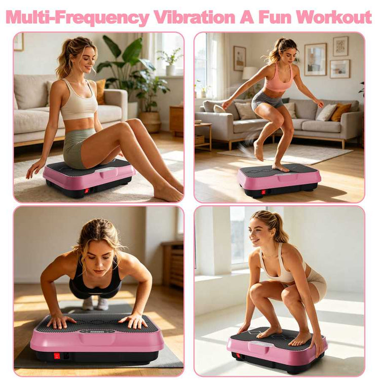 Woman using a pink vibration plate in various exercises in a living room setting.