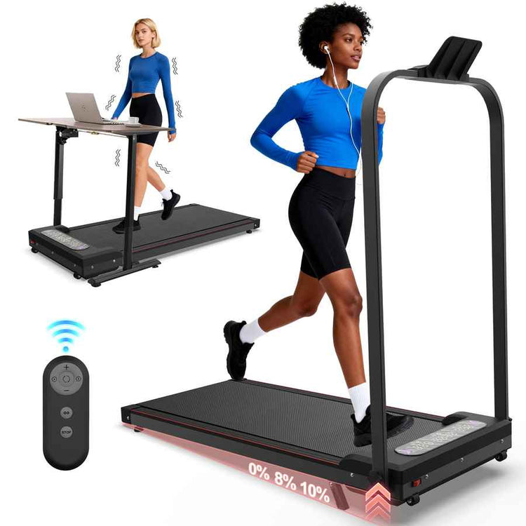 Woman in blue workout clothes running on a foldable treadmill with a laptop and coffee on a desk nearby