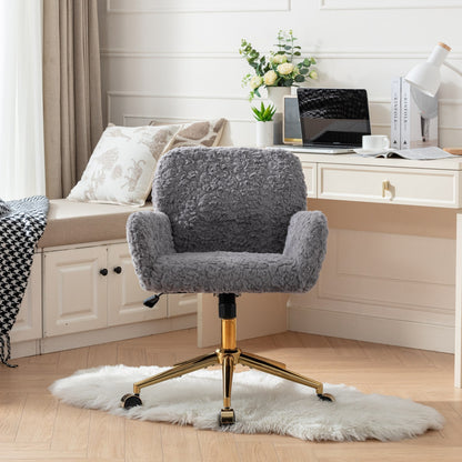 Furniture Office Chair,Artificial rabbit hair Home Office Chair with Golden Metal Base,Adjustable Desk Chair Swivel Office Chair,Vanity Chair(Gray)