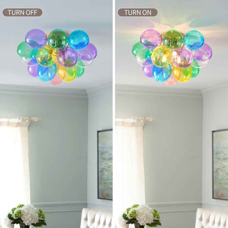 Colorful ceiling light fixture before and after turning on in a room with light blue walls and white curtains.