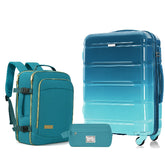 Teal backpack, suitcase, and pouch on a white background