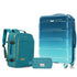 Teal backpack, suitcase, and pouch on a white background