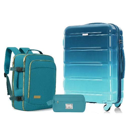 Teal backpack, suitcase, and pouch on a white background