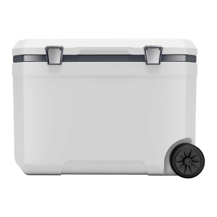White cooler box with black wheels on a white background