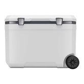 White cooler box with black wheels on a white background