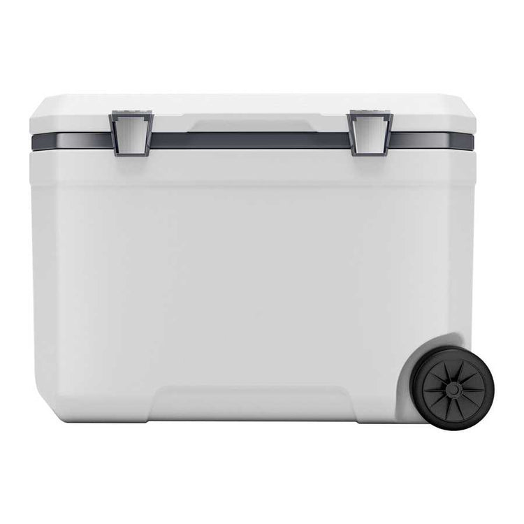 White cooler box with black wheels on a white background