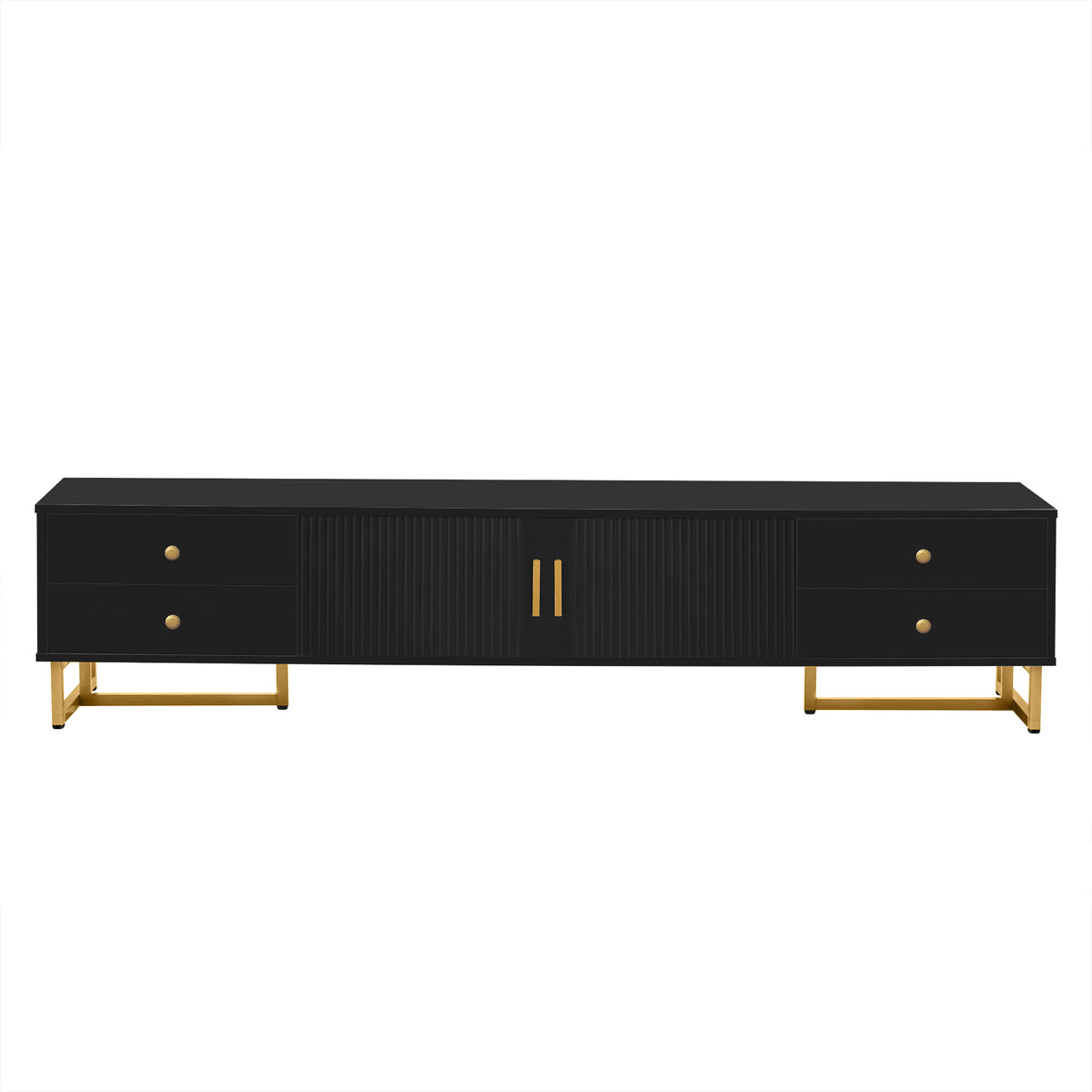 Black entertainment console with gold legs and handles on a white background