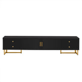 Black entertainment console with gold legs and handles on a white background