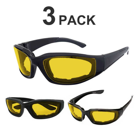 Three pairs of yellow-tinted sunglasses with black frames on a white background, labeled &