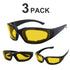Three pairs of yellow-tinted sunglasses with black frames on a white background, labeled &
