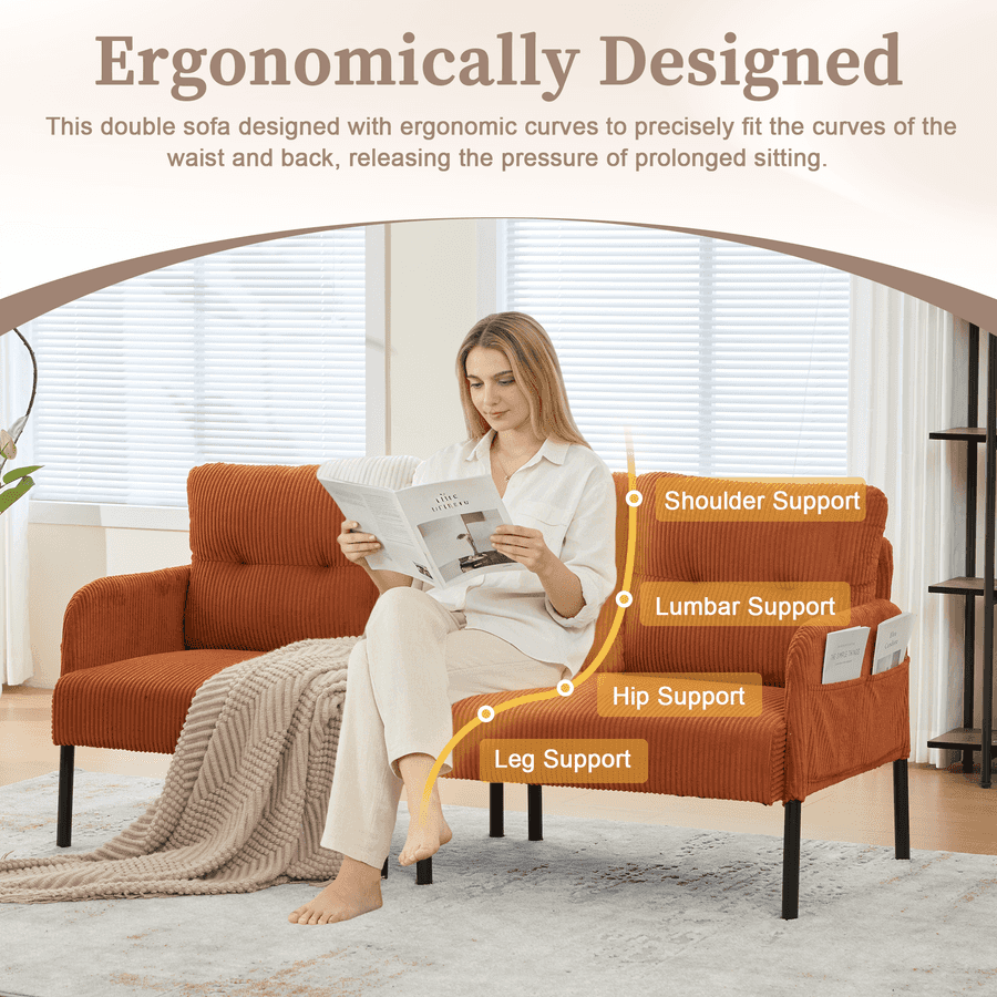 Woman reading a magazine on an ergonomically designed orange sofa with labeled support points.