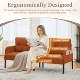 Woman reading a magazine on an ergonomically designed orange sofa with labeled support points.