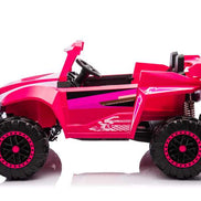 Pink kids ride on car with off-road tires and safety features