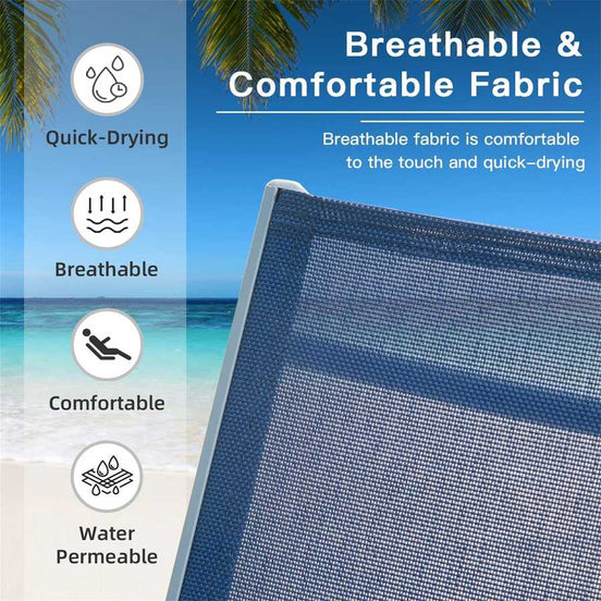 Blue mesh fabric with beach scenery and text highlighting features like quick-drying, breathable, comfortable, and water permeable.