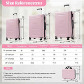 Pink suitcase set with size reference chart on a light gray background