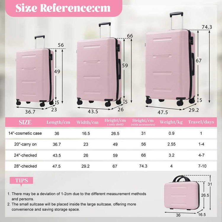 Pink suitcase set with size reference chart on a light gray background
