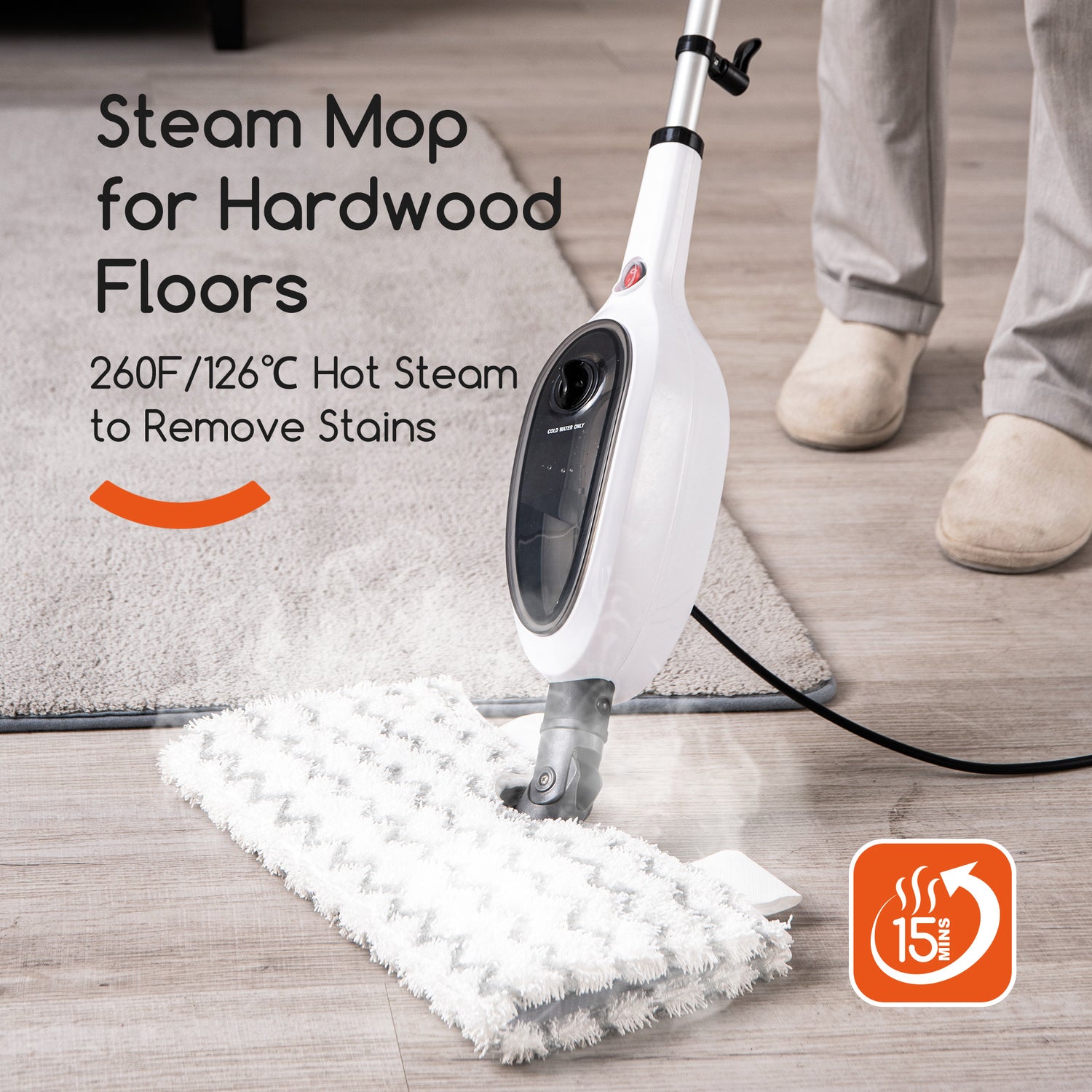 Steam mop for hardwood floors with text on steam temperature and cleaning benefits.