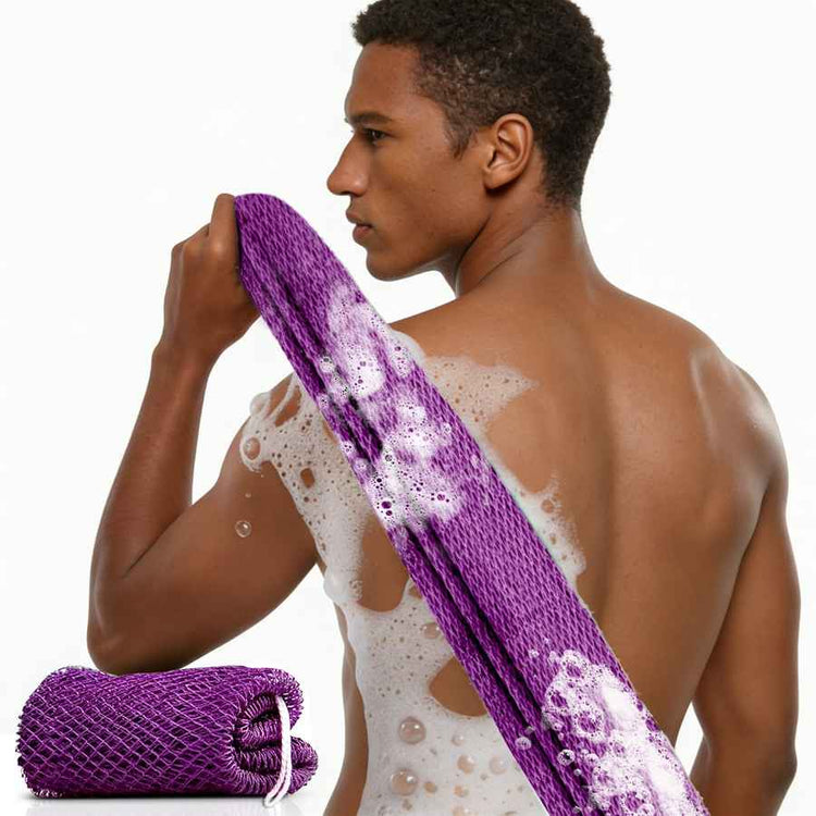 Man with a purple mesh body scrubber on a white background