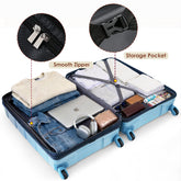Blue suitcase with smooth zipper and storage pocket, filled with clothes and electronic items.