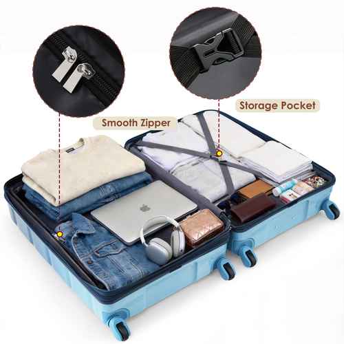 Blue suitcase with smooth zipper and storage pocket, filled with clothes and electronic items.