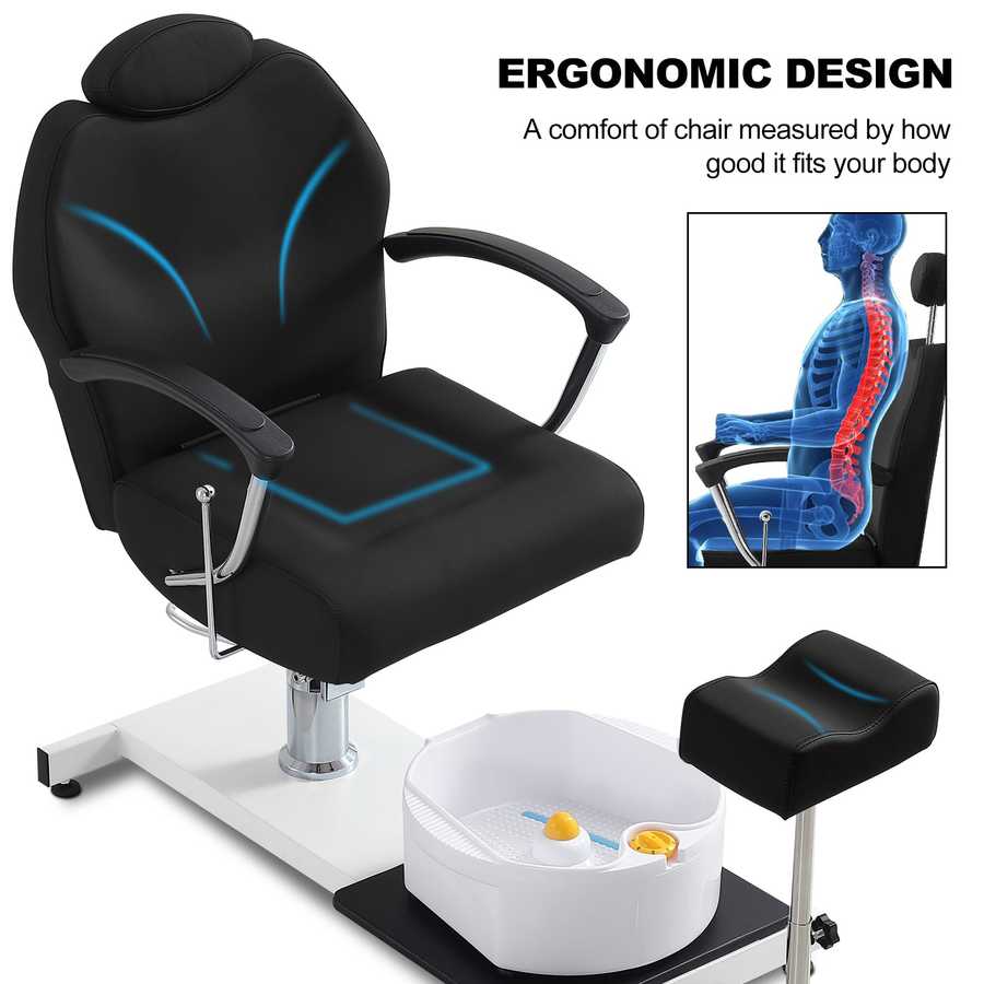 Ergonomic chair with footrest and detailed illustration of its design on a white background