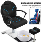 Ergonomic chair with footrest and detailed illustration of its design on a white background