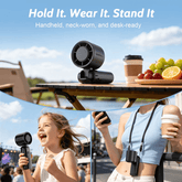 Handheld, neck-worn, and desk-ready device with a child using it outdoors and a person wearing it on a lanyard.