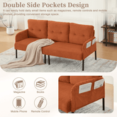Orange sofa with double side pockets for storage, shown in a living room setting.